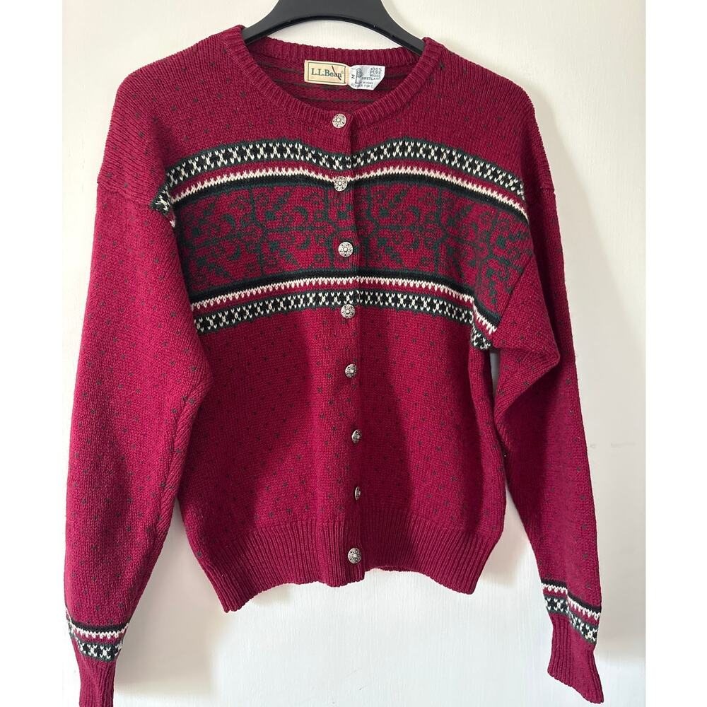 L.L. Bean Vintage 100% Pure Shetland Wool Fair Isle Cardigan Sweater Medium